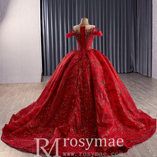 Fairytale Off Shoulder Sparkly Red Quinceanera Dresses with Basque Waist - Rosymae
