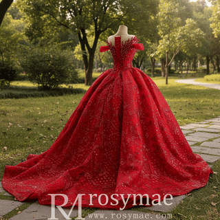 Fairytale Off Shoulder Sparkly Red Quinceanera Dresses with Basque Waist - Rosymae