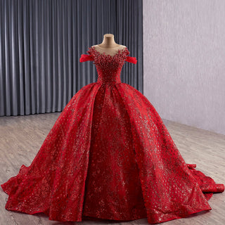Fairytale Off Shoulder Sparkly Red Quinceanera Dresses with Basque Waist - Rosymae