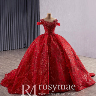 Fairytale Off Shoulder Sparkly Red Quinceanera Dresses with Basque Waist - Rosymae