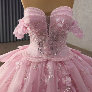 Fairytale Pink Ball Gown Quinceañera Dress with Puffy Tulle Skirt and 3D Flowers - Rosymae