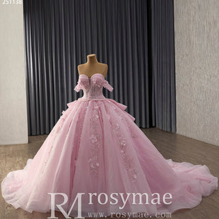 Fairytale Pink Ball Gown Quinceañera Dress with Puffy Tulle Skirt and 3D Flowers - Rosymae