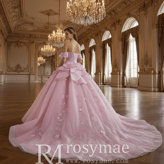 Fairytale Pink Ball Gown Quinceañera Dress with Puffy Tulle Skirt and 3D Flowers - Rosymae