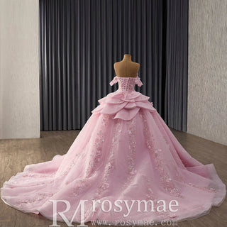 Fairytale Pink Ball Gown Quinceañera Dress with Puffy Tulle Skirt and 3D Flowers - Rosymae