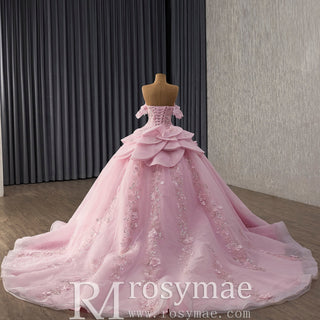 Fairytale Pink Ball Gown Quinceañera Dress with Puffy Tulle Skirt and 3D Flowers - Rosymae