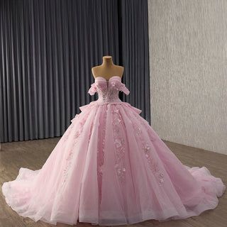Fairytale Pink Ball Gown Quinceañera Dress with Puffy Tulle Skirt and 3D Flowers - Rosymae