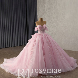 Fairytale Pink Ball Gown Quinceañera Dress with Puffy Tulle Skirt and 3D Flowers - Rosymae