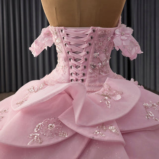 Fairytale Pink Ball Gown Quinceañera Dress with Puffy Tulle Skirt and 3D Flowers - Rosymae