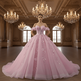 Fairytale Pink Ball Gown Quinceañera Dress with Puffy Tulle Skirt and 3D Flowers - Rosymae