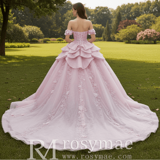 Fairytale Pink Ball Gown Quinceañera Dress with Puffy Tulle Skirt and 3D Flowers - Rosymae