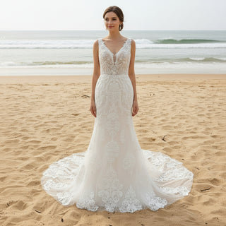 Elegant 3D Lace Appliqued Mermaid Wedding Dress with V Back