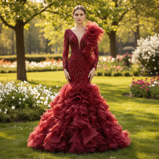 Mermaid Pageant Dress Long Sleeve Ruffled Evening Prom Dresses