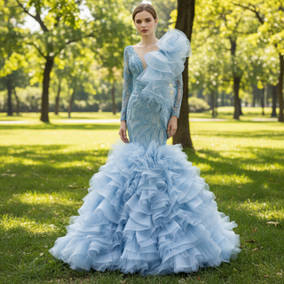 Mermaid Pageant Dress Long Sleeve Ruffled Evening Prom Dresses