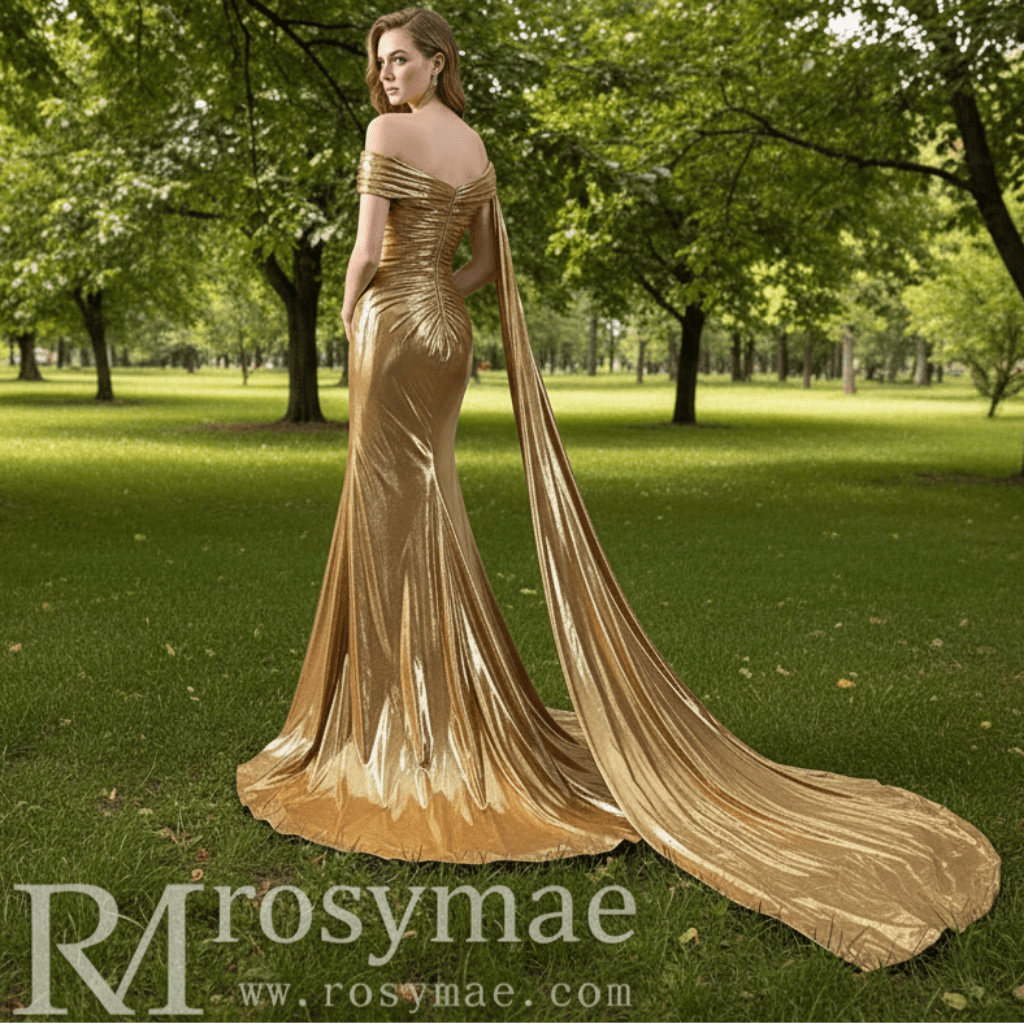 Fashion Gold Split Front Prom Dresses Mermaid Short Sleeves Party Dress - Rosymae