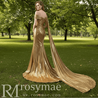 Fashion Gold Split Front Prom Dresses Mermaid Short Sleeves Party Dress - Rosymae