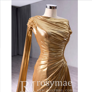 Fashion Gold Split Front Prom Dresses Mermaid Short Sleeves Party Dress - Rosymae