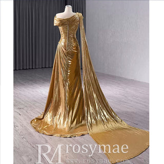 Fashion Gold Split Front Prom Dresses Mermaid Short Sleeves Party Dress - Rosymae
