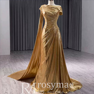 Fashion Gold Split Front Prom Dresses Mermaid Short Sleeves Party Dress - Rosymae