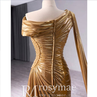 Fashion Gold Split Front Prom Dresses Mermaid Short Sleeves Party Dress - Rosymae