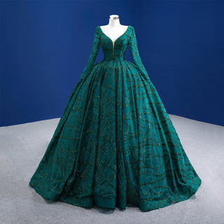 Fashion Long Sleeves Ball Gown Green Deep V Neck Prom Dress - Rosymae