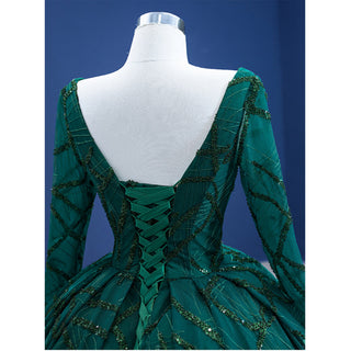 Fashion Long Sleeves Ball Gown Green Deep V Neck Prom Dress - Rosymae