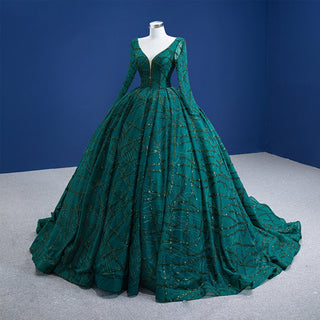 Fashion Long Sleeves Ball Gown Green Deep V Neck Prom Dress - Rosymae