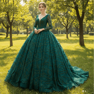 Fashion Long Sleeves Ball Gown Green Deep V Neck Prom Dress - Rosymae