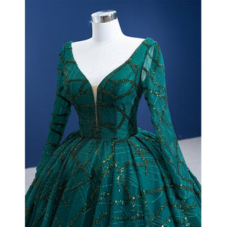 Fashion Long Sleeves Ball Gown Green Deep V Neck Prom Dress - Rosymae