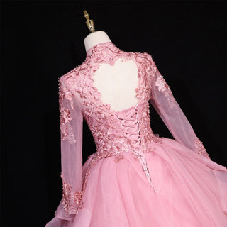 Fashion Long Sleeves Ball Gown V-Neck Lace Applique Prom Dress - Rosymae
