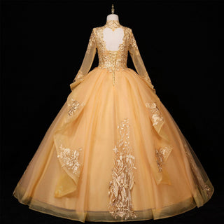 Fashion Long Sleeves Ball Gown V-Neck Lace Applique Prom Dress - Rosymae