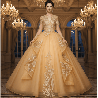 Fashion Long Sleeves Ball Gown V-Neck Lace Applique Prom Dress - Rosymae