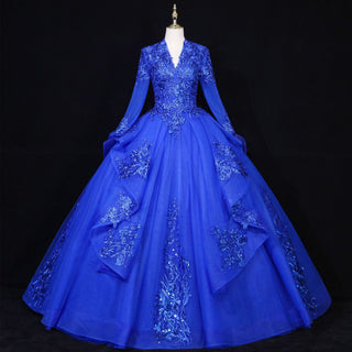 Fashion Long Sleeves Ball Gown V-Neck Lace Applique Prom Dress - Rosymae