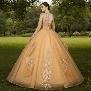 Fashion Long Sleeves Ball Gown V-Neck Lace Applique Prom Dress - Rosymae
