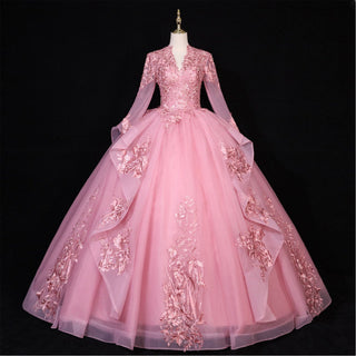 Fashion Long Sleeves Ball Gown V-Neck Lace Applique Prom Dress - Rosymae