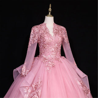 Fashion Long Sleeves Ball Gown V-Neck Lace Applique Prom Dress - Rosymae