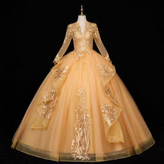 Fashion Long Sleeves Ball Gown V-Neck Lace Applique Prom Dress - Rosymae