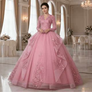 Fashion Long Sleeves Ball Gown V-Neck Lace Applique Prom Dress - Rosymae