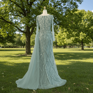 Fashion Vneck Long Sleeve Evening Dress Party Gown with Slit - Rosymae
