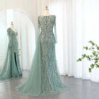 Fashion Vneck Long Sleeve Evening Dress Party Gown with Slit - Rosymae