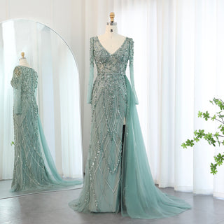 Fashion Vneck Long Sleeve Evening Dress Party Gown with Slit - Rosymae