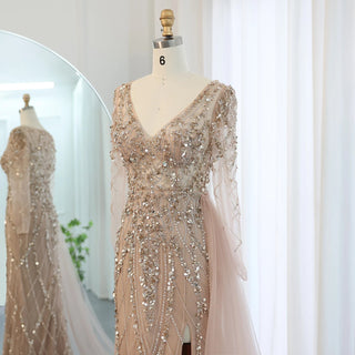 Fashion Vneck Long Sleeve Evening Dress Party Gown with Slit - Rosymae