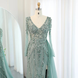 Fashion Vneck Long Sleeve Evening Dress Party Gown with Slit - Rosymae