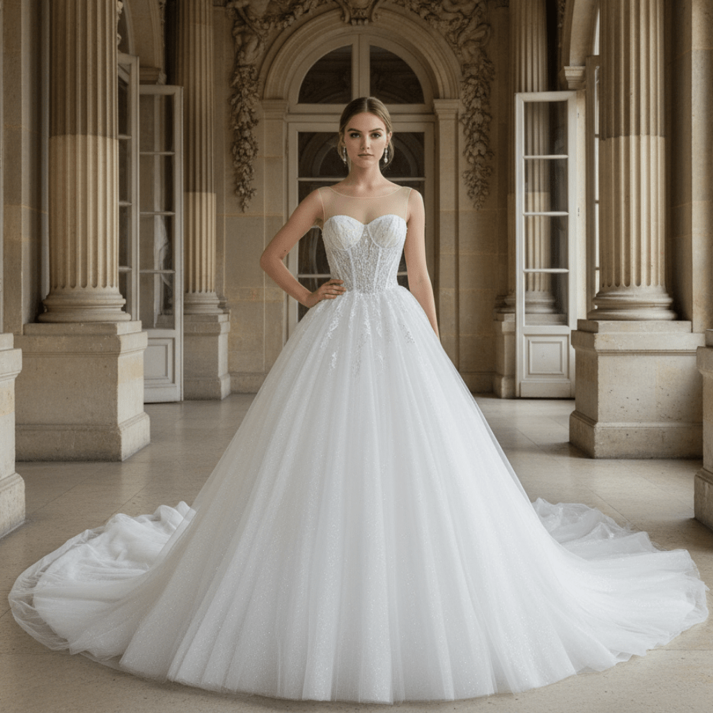 Fashionable Princess Sheer Back Beading A line Wedding Dress - Rosymae