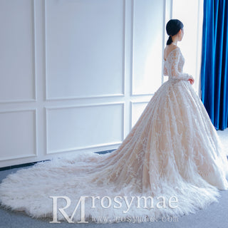 Fabulous Luxury Feathered Wedding Dresses with Long Sleeve