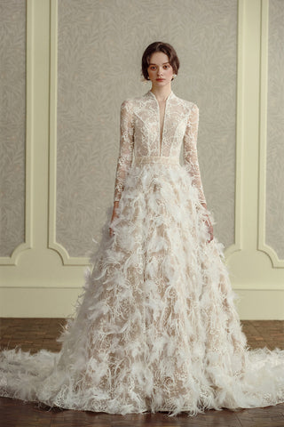 Robe de mariée A-ligne en satin et mousseline de soie à col en V avec