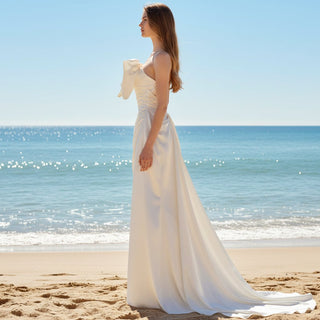 Fit and Flare Crepe Satin Wedding Dress with Bowknot Top - Rosymae