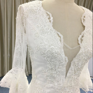 Fit and Flare Deep Vneck Lace Wedding Dress with Long Trumpet Sleeve - Rosymae