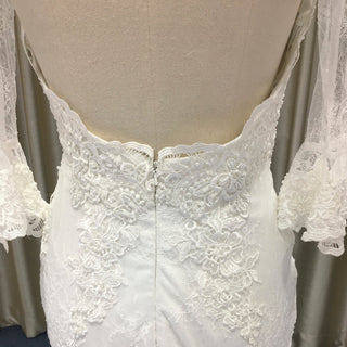 Fit and Flare Deep Vneck Lace Wedding Dress with Long Trumpet Sleeve - Rosymae