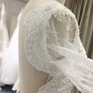 Fit and Flare Deep Vneck Lace Wedding Dress with Long Trumpet Sleeve - Rosymae