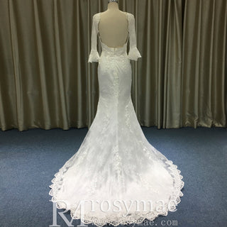 Fit and Flare Deep Vneck Lace Wedding Dress with Long Trumpet Sleeve - Rosymae